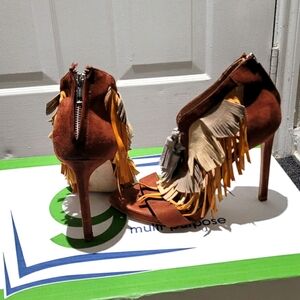 Fringe Suede Stiletto Heels - Brown and Tan